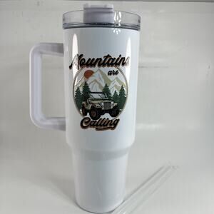 Mountain Jeep Tumbler 30oz Travel Mug White Handle Lid Straw